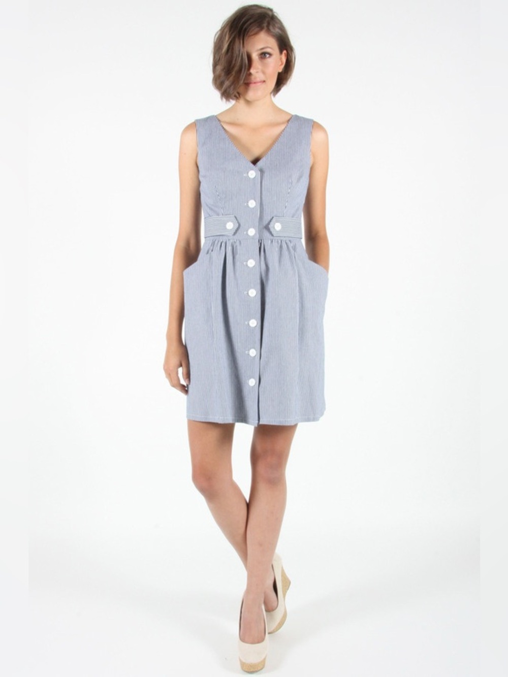 Sleeveless Blue Stripe Button-Front Mini Dress